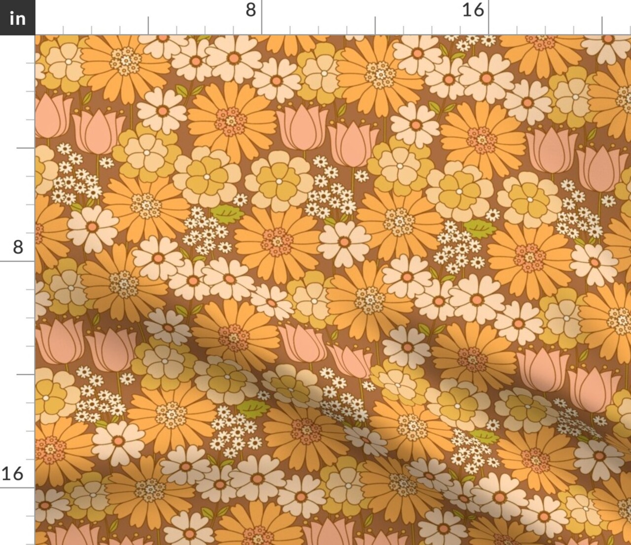 Orange Floral Retro Flower Vintage Nostalgia Mustard Seventies Custom Printed Fabric by Spoonflower Various Fabrics by the Yard or Fat Quarter